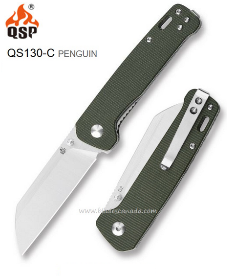 QSP Penguin Folding Knife, D2 Steel, Micarta Green, QS130-C - Click Image to Close
